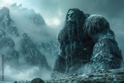 A giant muscular goblins covered in ice with long hair and beard standing on top of the mountain surrounded by fog and mist. Created with Ai