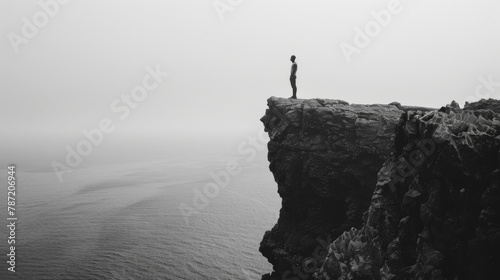 Standing atop a cliff facing a vast black ocean a lone Black man gazes out into the unknown transfixed by the haunting beauty of this dark paradise. .