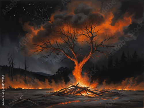 Fiery Night. A Lone Tree Amidst Wildfire