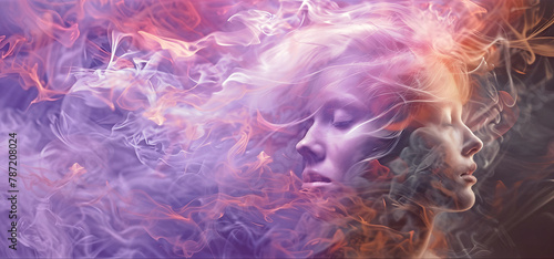 Two faced, gemini, duality, yin and yang, love and hate, give and take concept - female face merged into second female face emerging from pink lilac wispy smoke background depicting human duality 