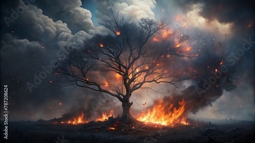 Solitary Tree Amidst Wildfire