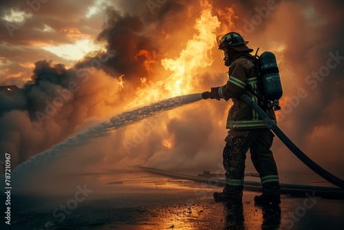 A firefighter fully geared in protective clothing directs a powerful stream of water to combat a fierce blaze