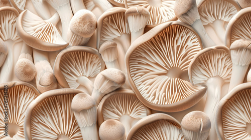 Oyster mushroom pattern copy space for design and decoration Meat substitute vegetarian eco food Growing mushrooms macro Edible mushrooms texture A bunch of mushrooms is growing : Generative AI