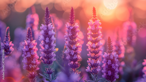 Lavender flowers blooming in the field at sunset. Nature background