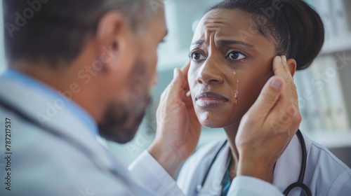 A side profile of a physician assistant wiping away tears from a patients cheek displaying empathy and compassion. .