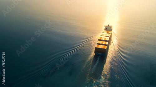 Panoramic aerial view of a industrial cargo container ship traveling over calm open sea with copy space : Generative AI