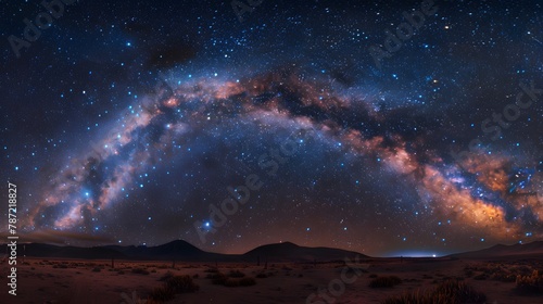 Starry Night Sky Over Desert Landscape with Milky Way Galaxy Arching Horizon, Cosmos Above Earth
