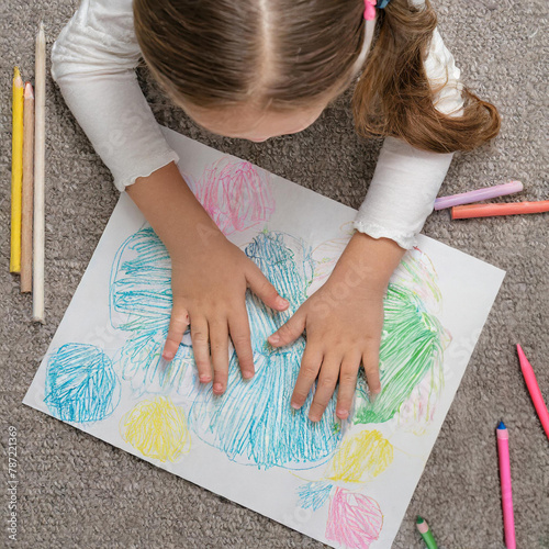 Dziewczynka leżąca na dywanie i rysująca kredkami rysunek na kartce papieru 