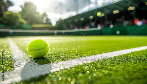 Vibrant grass tennis court prepped for tournament with freshly cut grass close up
