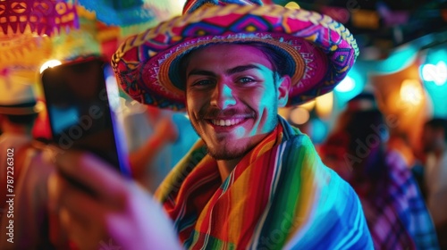 Tourist in traditional Mexican hat taking selfie photo with smartphone on sunny day outdoors
