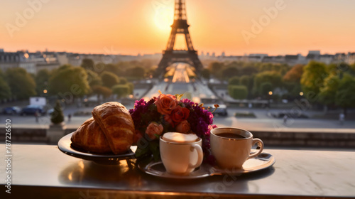 breakfast on a tray with the background of the eiffel tower created with Generative AI technology