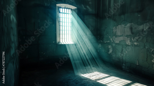 Dark empty Prison cell widow with Sunshine light