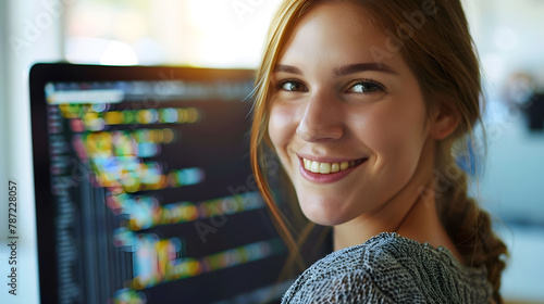 Portrait of female IT developer looking at camera and smiling against programming code on computer screen in office interior copy space : Generative AI