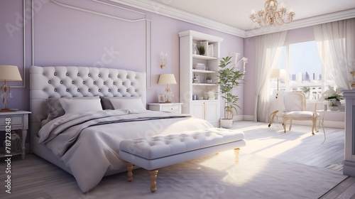 Elegant Lavender Bedroom: a sophisticated bedroom with soft lavender walls, white or cream-colored furniture, and accents of silver or gold for a touch of elegance