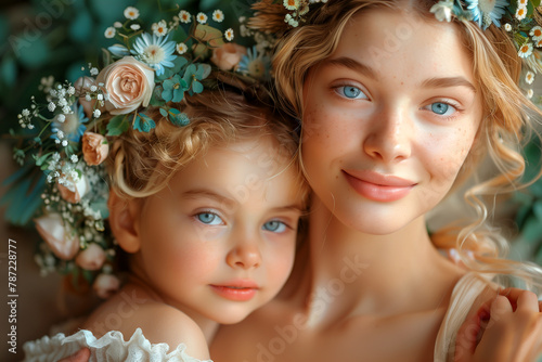 Woman holding girl with flower crown, both smiling in nature