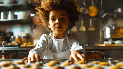 A young chef baking cookies in a kitchen, mastering culinary skills and dreaming of owning their own restaurant