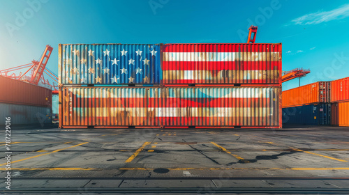 High-resolution image of a giant shipping container docked at a bustling US port vividly painted with the stars and stripes of the USA flag