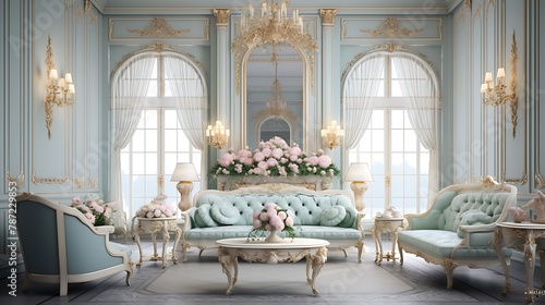 Louis XVI Inspired Salon: a salon inspired by Louis XVI style with pastel hues, delicate floral motifs, and gilded accents, reflecting the refined taste of 18th-century French aristocracy