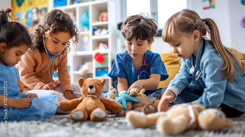 A group of children playing pretend doctor in hospital, bandaging stuffed animals and dolls, imagining themselves as future doctors or nurses