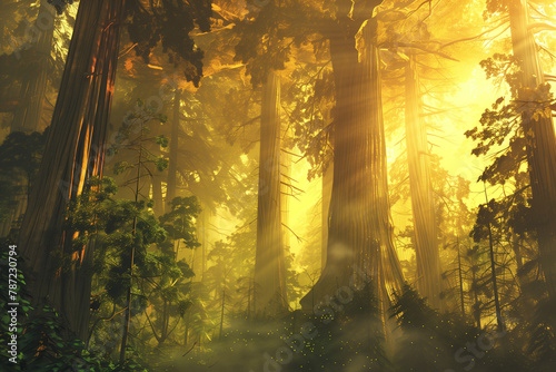 Sunlight cascades through the misty forest, turning the morning air into a golden symphony of light and shadows