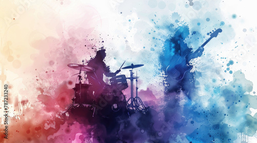 A painting depicting a drum player passionately performing amidst a vibrant and colorful background, showcasing energy and rhythm
