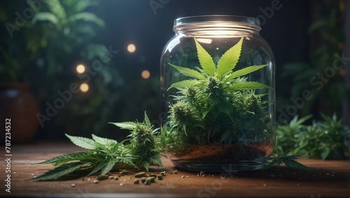 Jar full of marijuana, cannabis flowers