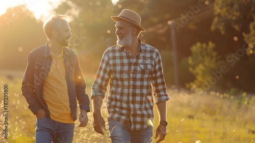 senior father with adult son in family concept banner background with copy space elderly old man person are happy and enjoy with hipster son together by walking outdoor in nature : Generative AI