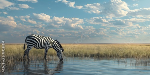 Serene image of a zebra quenching its thirst at a waterhole on the African savannah