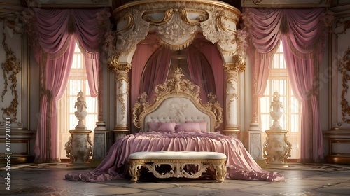 Regal Baroque Bedroom: a lavish baroque-style bedroom with intricate carvings, rich brocade fabrics, and a canopy bed draped in luxurious textiles, epitomizing the extravagance of the Baroque period 
