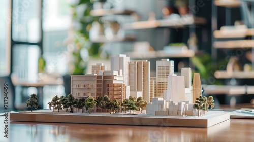 Miniature Cityscape Model on Architect's Table