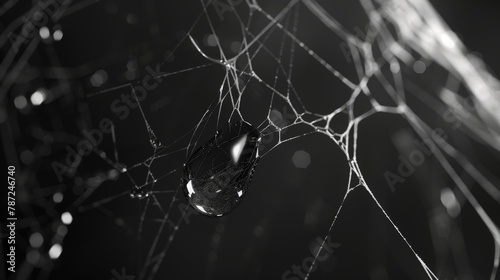 A black and white macro photo of a single, dewdrop clinging to a pristine white spiderweb.3D rendering