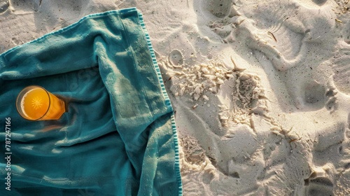 a folded beach towel on the sand with a drink next to it on the sand shot from above --ar 16:9 Job ID: 11a34e96-b20b-4c84-9a0d-7a1159e8f7ee