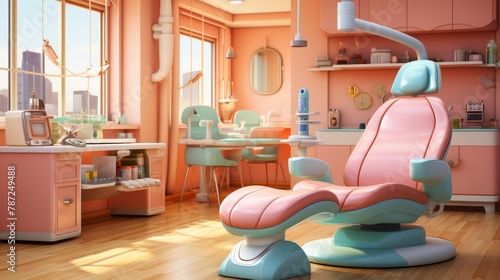 A pink and blue retro dental clinic with a large window