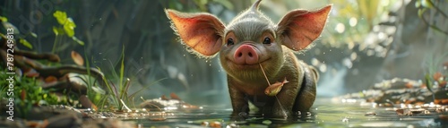 A cute cartoon pig standing in a pond and smiling