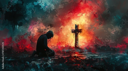 Man kneeling and praying in front of the cross. Digital watercolor painting