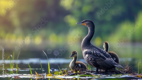 a duck with ducklings on a nest in the water