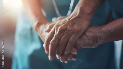 Cropped shot of a female nurse hold her senior patients hand Giving Support Doctor helping old patient with Alzheimers disease Female carer holding hands of senior man : Generative AI