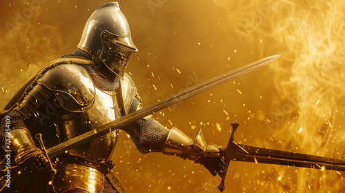 Epic photoshot of a noble knight in shining armor wielding a mighty sword, against a golden studio background.