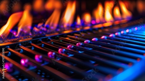 A close-up view of a grill with roaring flames, creating a mesmerizing display of colors