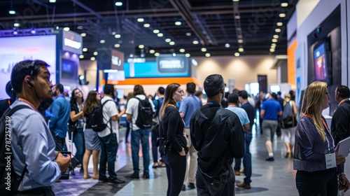 Group of attendees standing and networking around a bustling convention hall during a tech conference or expo showcasing innovation