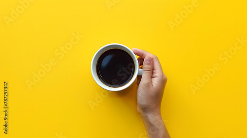 Hand of a man holding a white cup with hot black coffee on yellow background with copy space Morning drinks coffee top view espresso coffee break : Generative AI