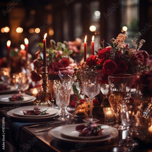 A beautifully set table with red flowers and candles