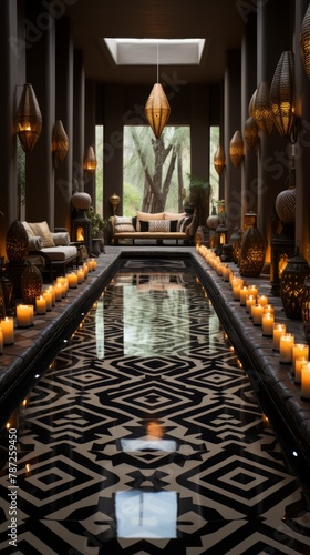 A long reflecting pool runs through the center of a luxurious courtyard with Moroccan-style lanterns and cushioned seating areas.