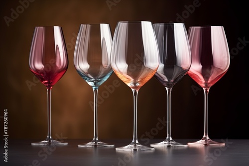Five empty wine glasses of different colors