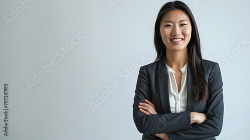 Young asian woman professional entrepreneur standing in office clothing smiling and looking confident white background : Generative AI