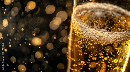 Close view of beer bubbles effervescing inside a glass, showcasing the luxurious quality