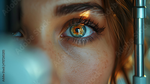 Close-up of a woman's eye during an ophthalmological exam. Detailed macro shot highlighting eye care and medical examination. Healthcare and ophthalmology concept for specialized medical services