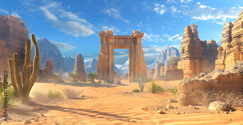 A desert scene with a large archway in the middle