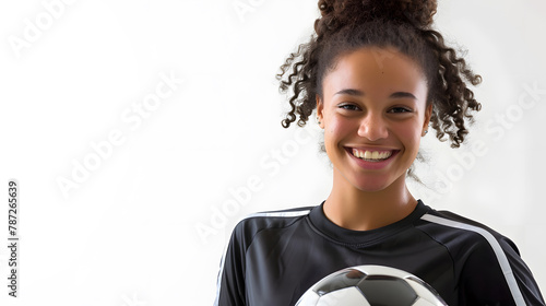 Portrait of smiling biracial young female soccer player with ball standing against white background unaltered sport sports uniform copy space athlete and womens soccer : Generative AI