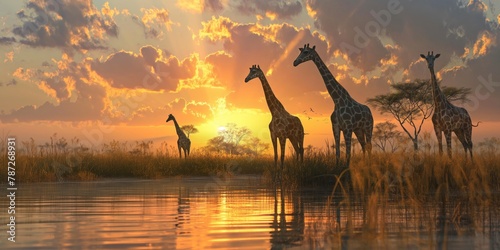 Silhouettes of giraffes and birds near a waterhole against the backdrop of an African sunset and reflective water